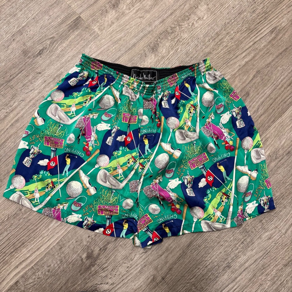 Nicole Miller Vintage 1993 100% Silk Golf Novelty Print Shorts Green Mens Medium